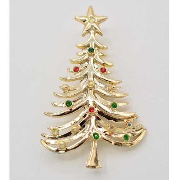 Tancer II Vintage Christmas Tree Pin Brooch Rhinestone Crystal Signed 80s BinAC - Picture 2 of 12